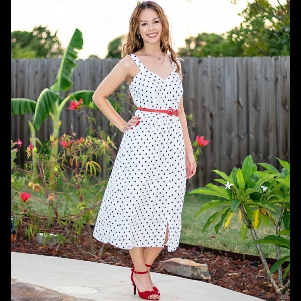 79. White Polka Dot dress with Cloth belt